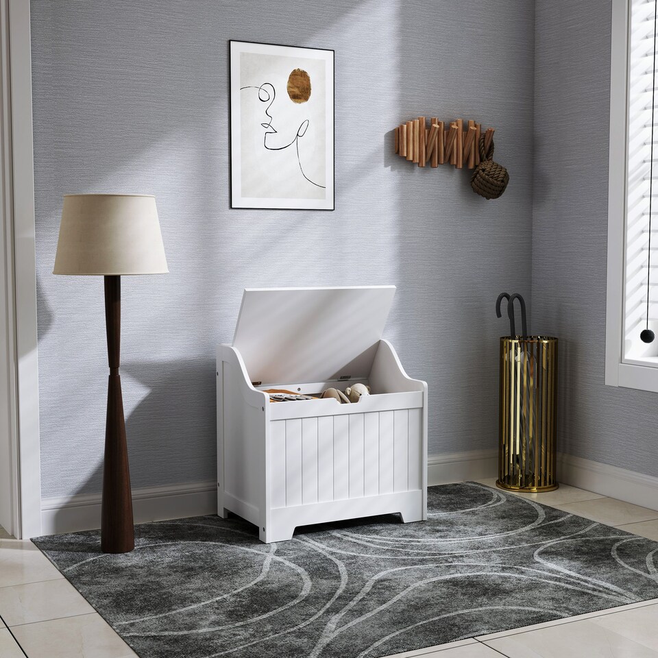 image 1 of HOMCOM Storage Chest, Storage Trunk with Safety Hinge and U-shaped Cut-out Pull, Wooden Storage Box for Living Room, Entryway, 56.5 x 38 x 56 cm, White | White | White