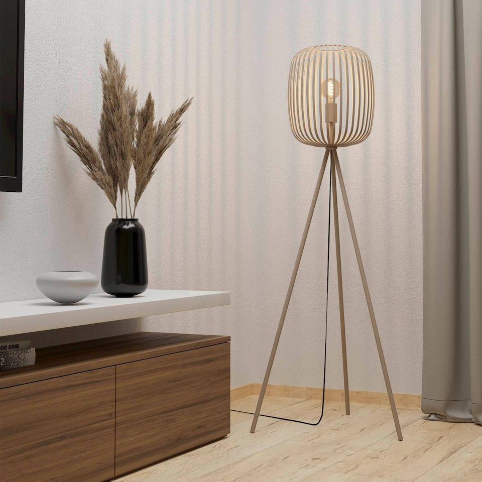 image 1 of EGLO Romazzina Sandy-coloured Caged Tripod Floor Lamp | Cream