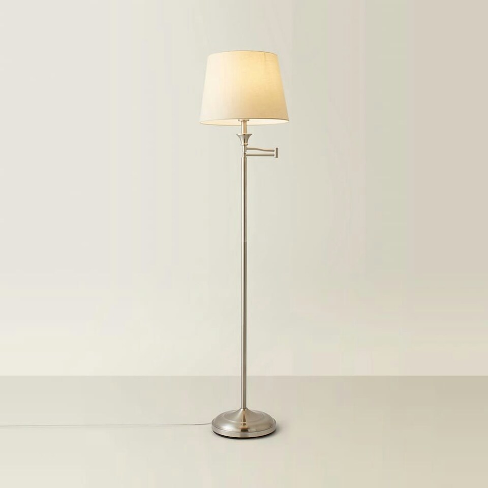 image 1 of ValueLights Sinatra Brushed Silver Floor Lamp with Medium Cream Tapered Shade and LED Bulb