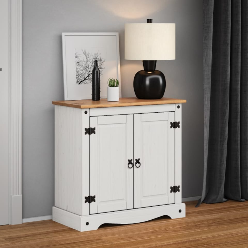 image 1 of Mercers Furniture Corona White 2 Door Cupboard Small Sideboard Solid Wood Pine Wooden with Mexican Styling