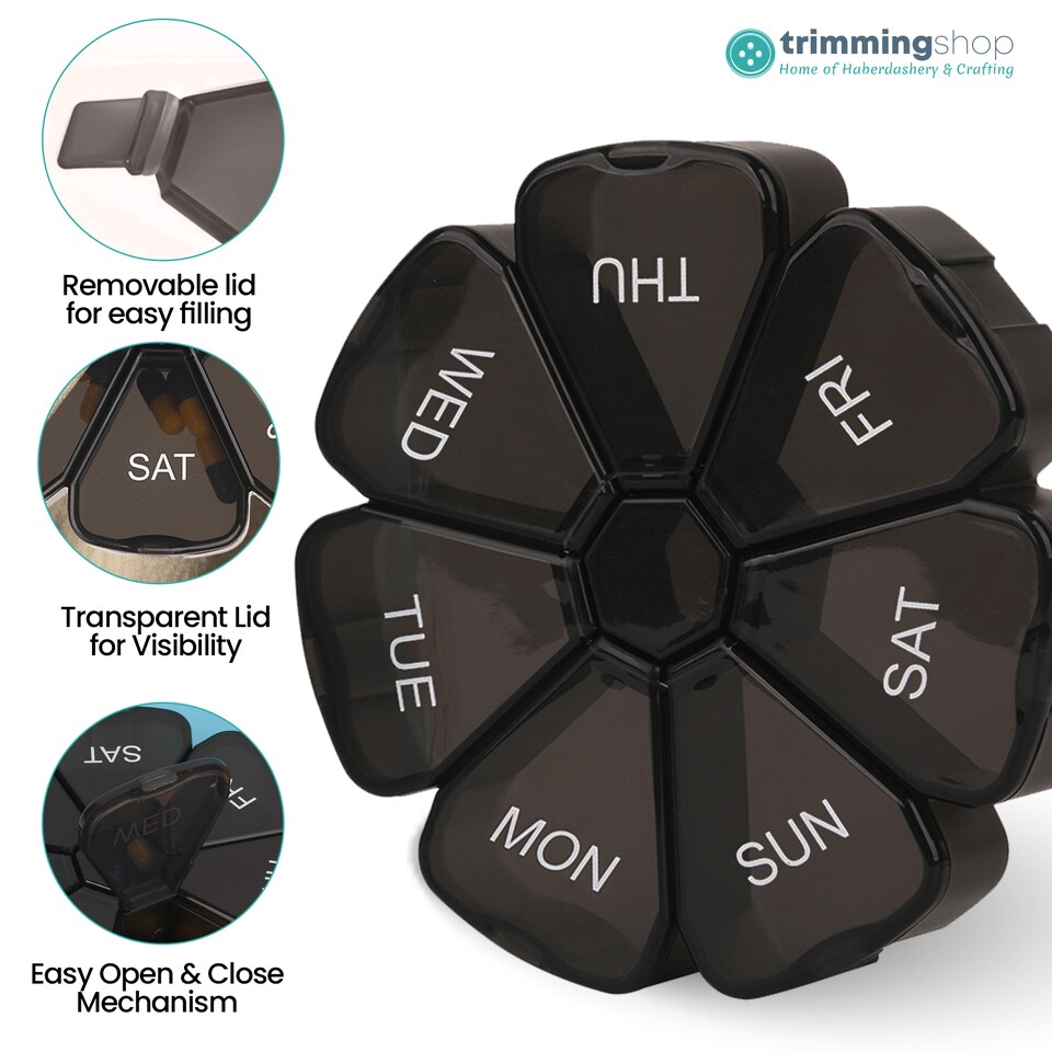 image 1 of Black Weekly Pill Box, Pill Organiser with Weekday Labels