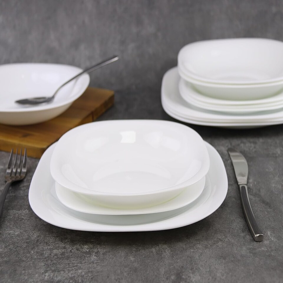 image 1 of White Opal Glass Dinner Set Plates Soup Bowls Dinnerware | White | Hudson Square - 12 Pcs | 12