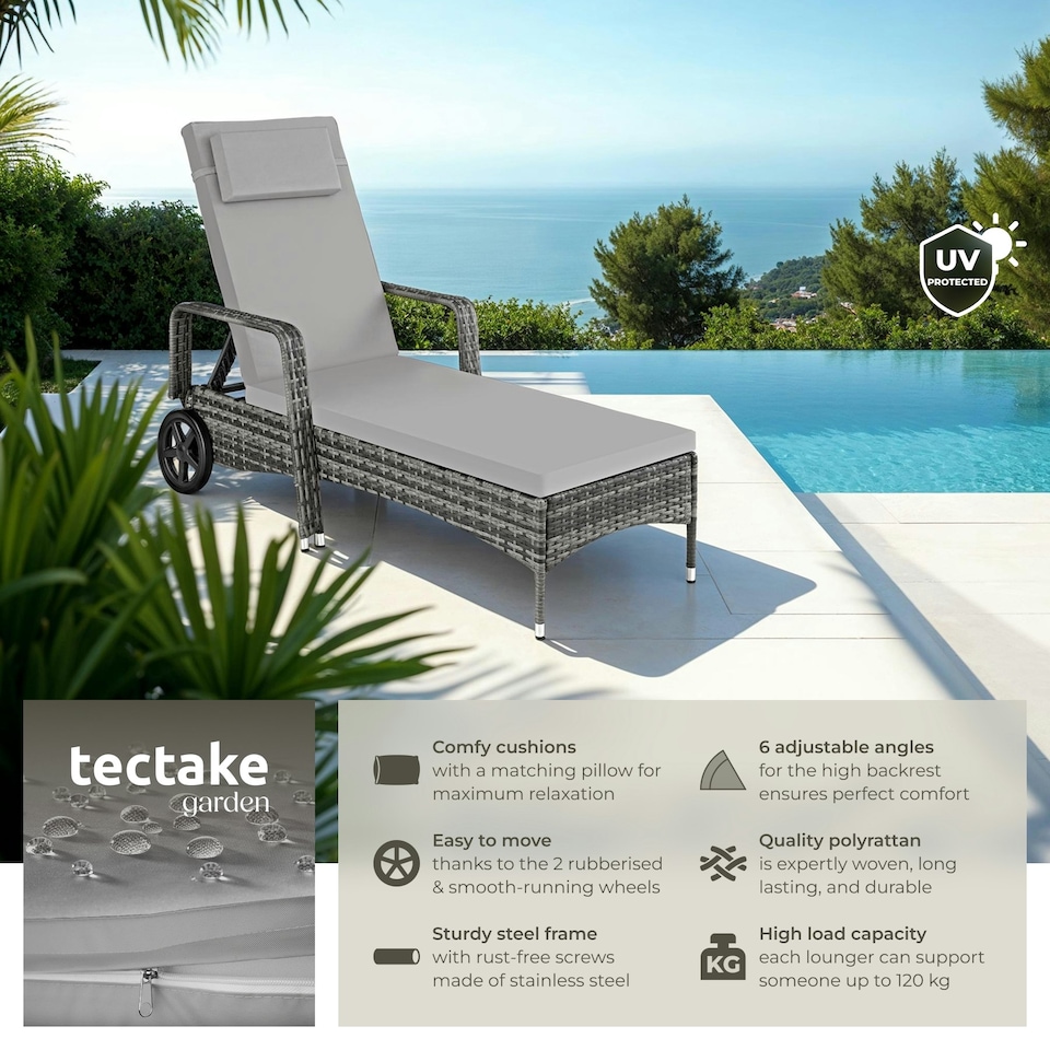 image 1 of Sun Lounger - 6-position backrest, weather & UV-resistant, soft pillow, two wheels Grey | Light Grey