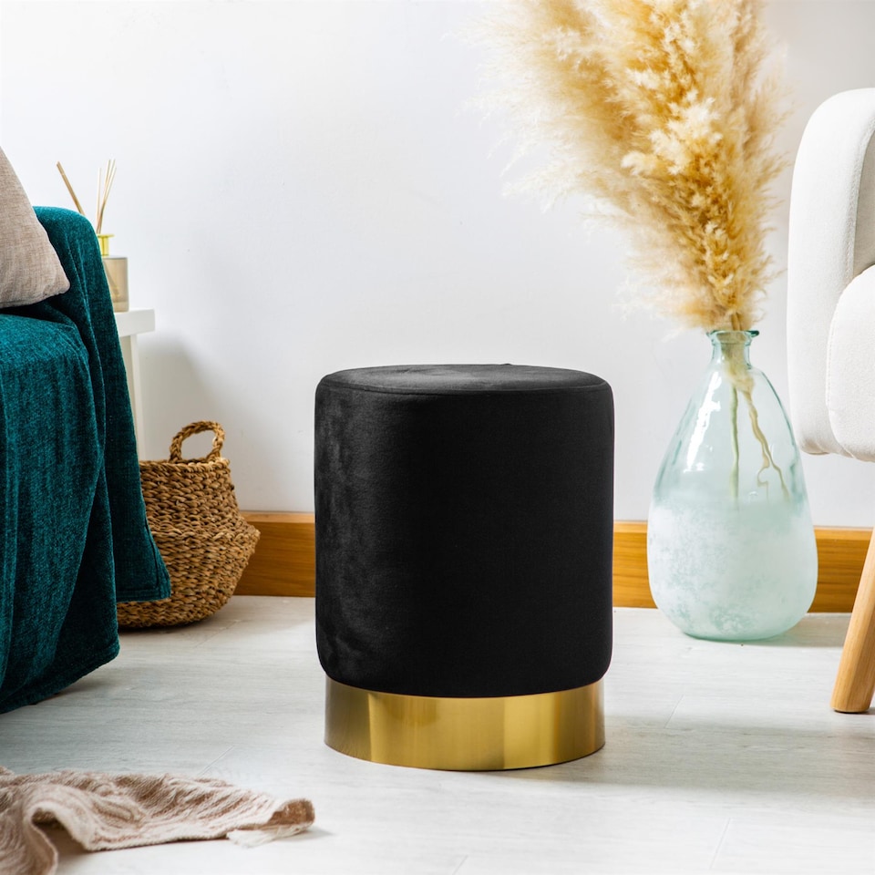 image 1 of Harbour Housewares Round Velvet Footstools - H36 x D29cm - Black - Pack of 2 | Black | Black