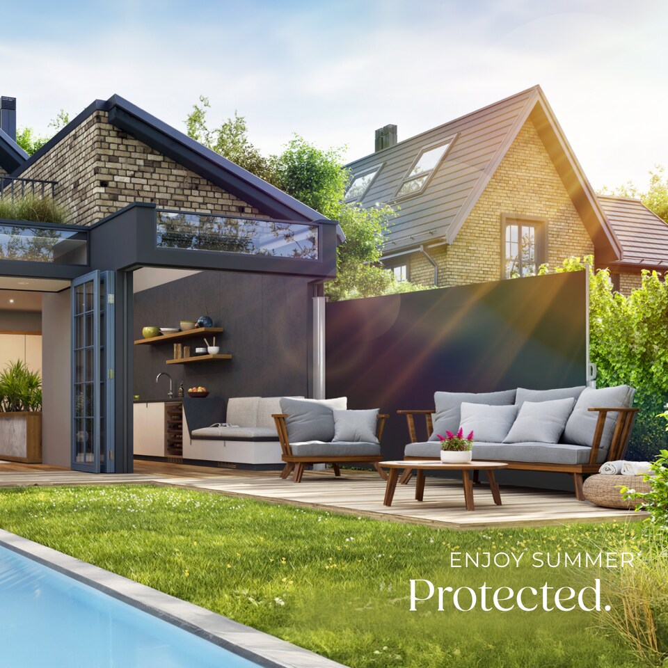 image 1 of Garden Privacy Screen with retractable side awning and aluminium casing | Black | black | 1