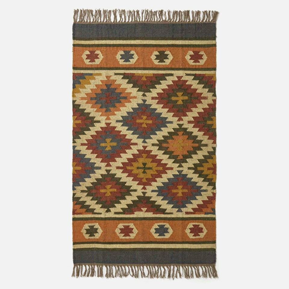 image 1 of Homescapes Lucea Orange and Blue Kilim Wool Rug - 90 x 150 cm Orange | 90 x 150 cm