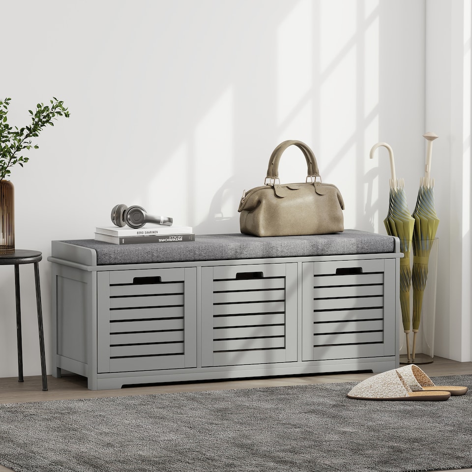 image 1 of HOMCOM Shoe Bench, Linen-look Shoe Storage Bench with 3 Drawers, Removable Seat Cushion and Slatted Doors for Hallway Entryway, Grey | Grey