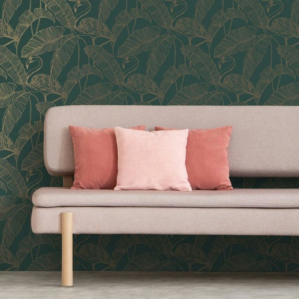 image 1 of Fine Decor Flamingo Wallpaper - Emerald Green - 10m x 53cm Green