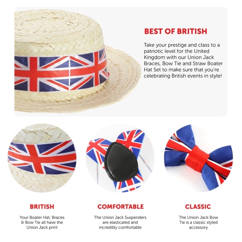 image 1 of Union Jack Boater Hat, Bow Tie & Suspenders Red | One Size