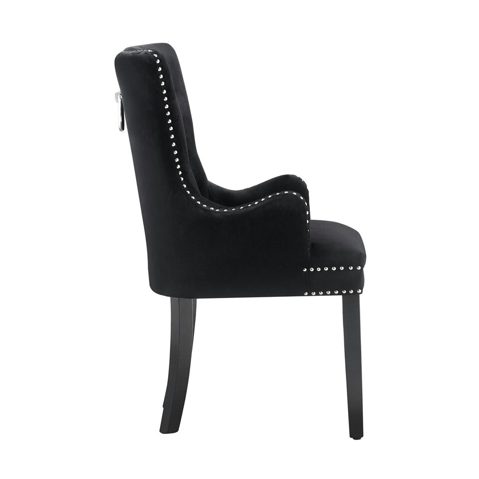 image 1 of Set of 6 Velvet Dining Chairs with Armrest, Ergonomic Scoop Knockerback & Button Tufted Wood Legs Black