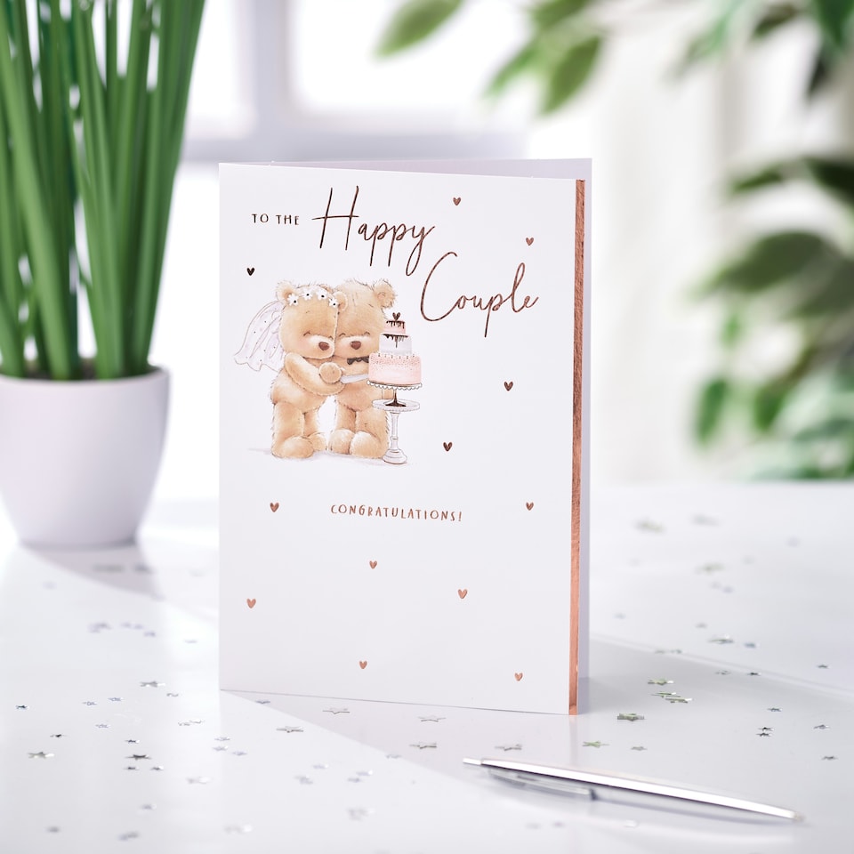 image 1 of Wedding Card - Happy Couple Bears Cutting Cake