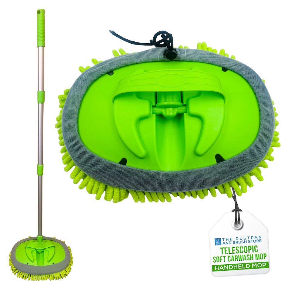 image 1 of Telescopic Chenille Car Wash Mop 2-in-1 Detachable Microfibre Mitten & Long Handle Brush | Green | Green