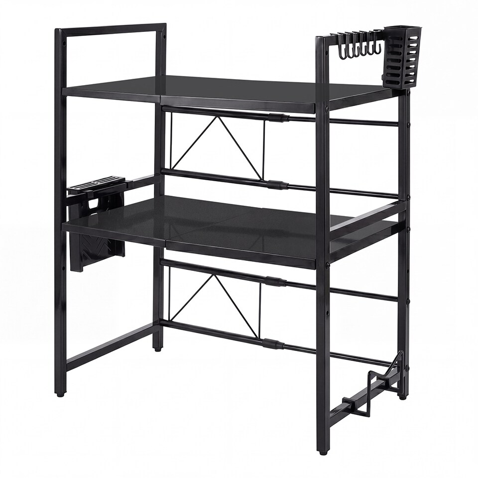 image 1 of TOQUE 3 Tier Expandable Microwave Oven Rack Stand Kitchen Storage Shelf Black