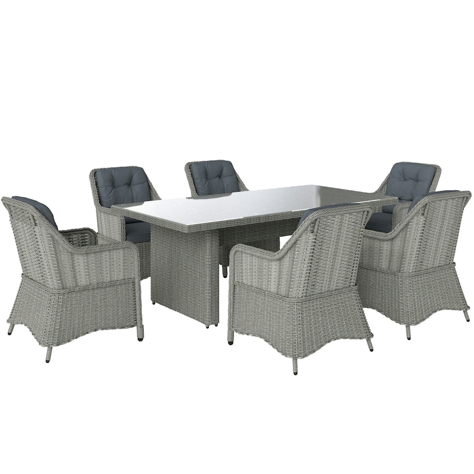 image 1 of Outsunny 6 Seater Rattan Dining Set w/ Glass Top Table Cushions, Grey