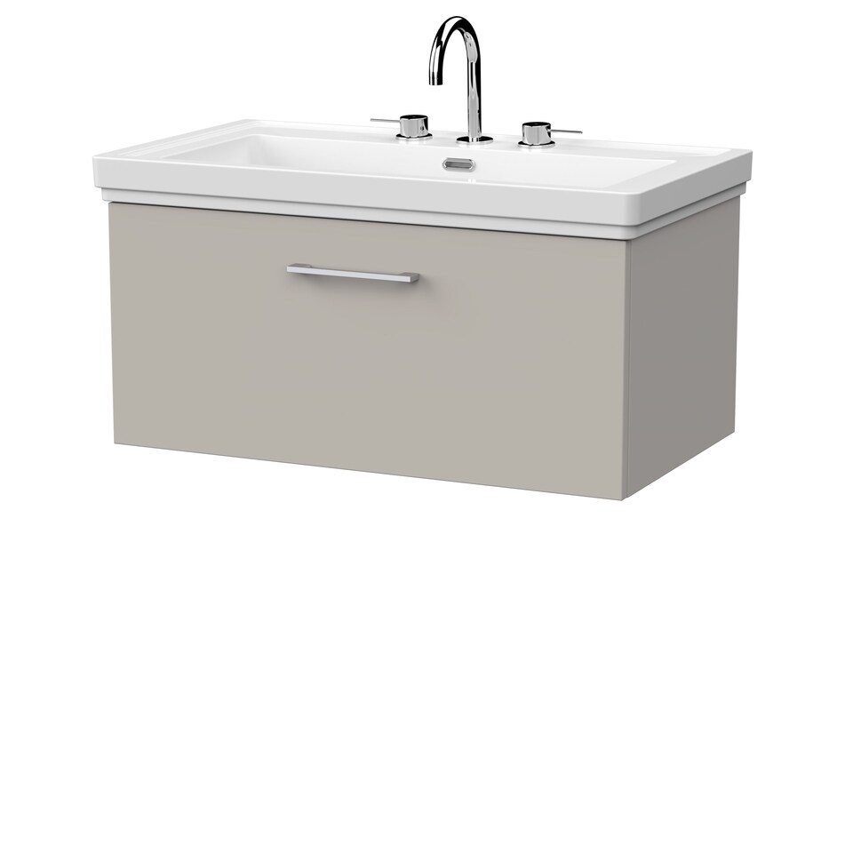 image 1 of Balterley Pershall Contemporary Wall Hung 1 Drawer Vanity Unit with Traditional 3 Tap Hole Fireclay Basin, 800mm, Pebble Grey