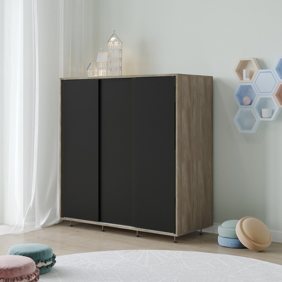image 1 of 120cm 3 Sliding Doors Children Kids Wardrobe Bedroom Storage Closet Hanging Rail | Multi | Oak with Black Doors | 1
