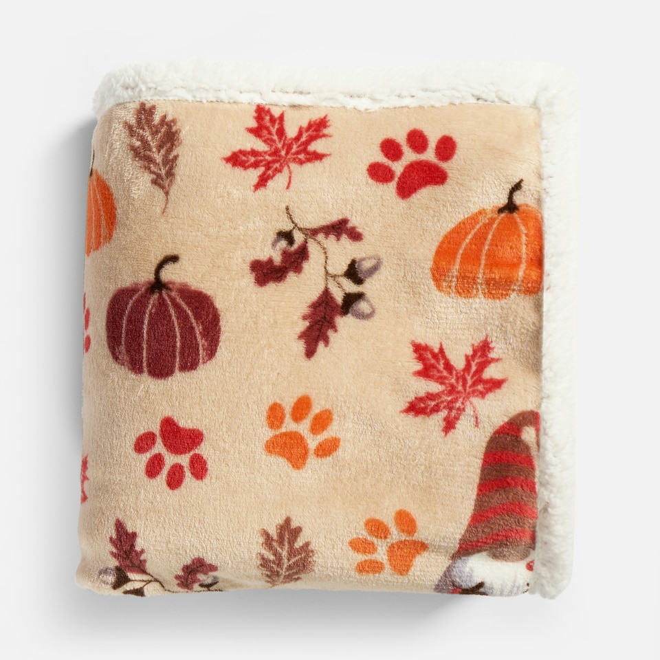 image 1 of OHS Autumnal Pumpkin Paw Print Soft Cosy Warm Sherpa Fleece Reverse Pet Dog Cat Crate Blanket Cream | Natural | One Size