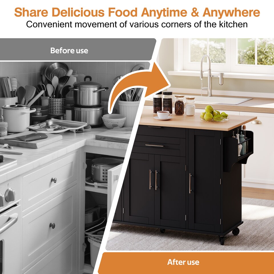 image 1 of VILUXE Mobile Kitchen Island with Foldable Worktop, Hidden Cutlery Drawer, Large Drawer, Adjustable Shelves, Door Racks, Towel Rack, Spice Rack and 5 Wheels, Black and Natural Wood
