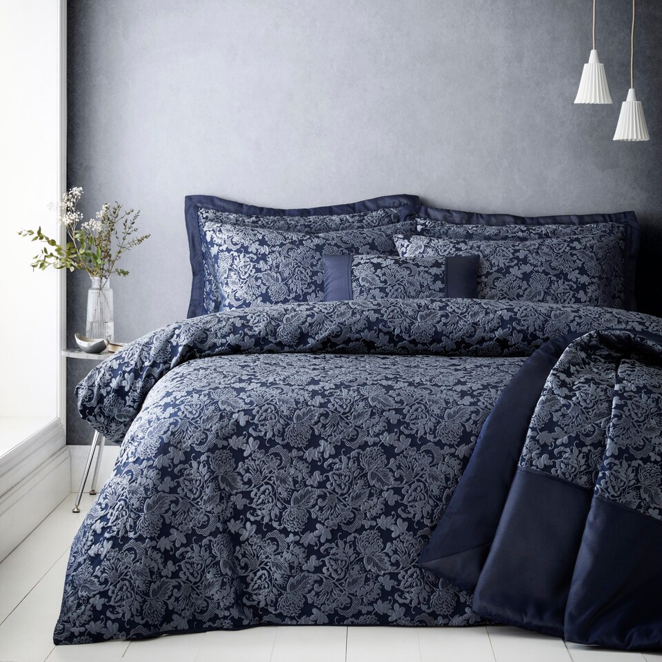 image 1 of Sandringham Damask Soft Easy Care Bed Linen Bedding Duvet Cover Quilt Set With Pillow Cases | Blue | Double