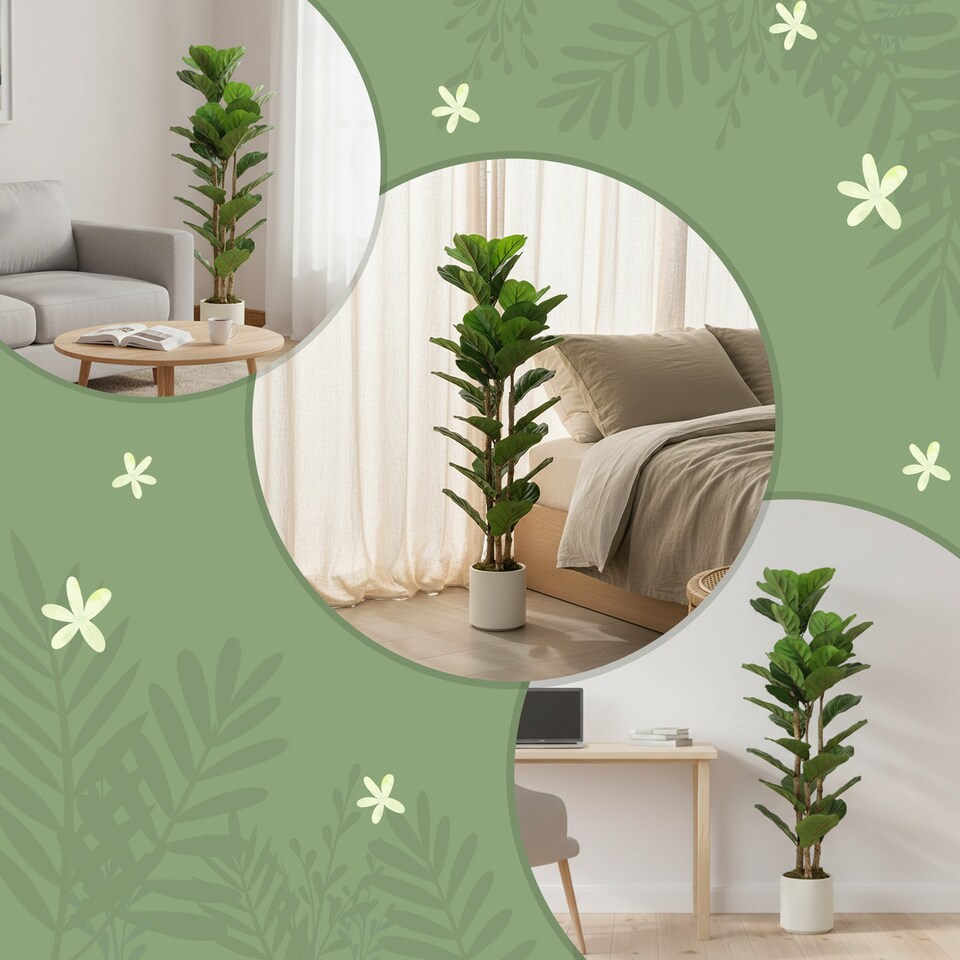 image 1 of HOMCOM 120cm 2 PCs Artificial Fiddle Leaf Fig Trese with Solid Wood Trunks