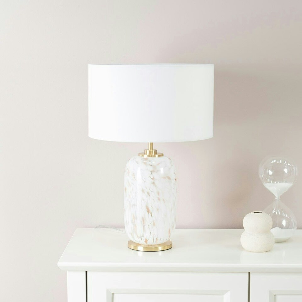 image 1 of ValueLights India Gold Metal and White Confetti Glass Table Lamp with White Drum Lampshade