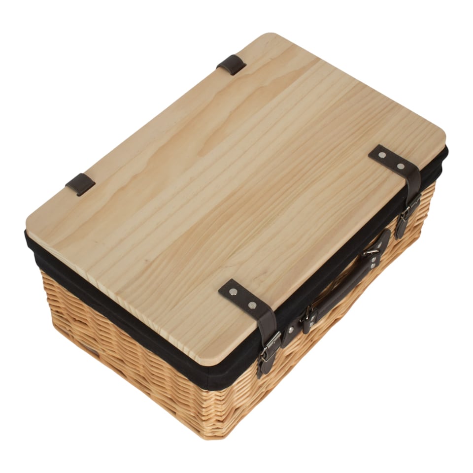 image 1 of 41cm Buff Black Lined Willow Empty Picnic Basket with Pinewood Lid | Brown | Black | M | 1