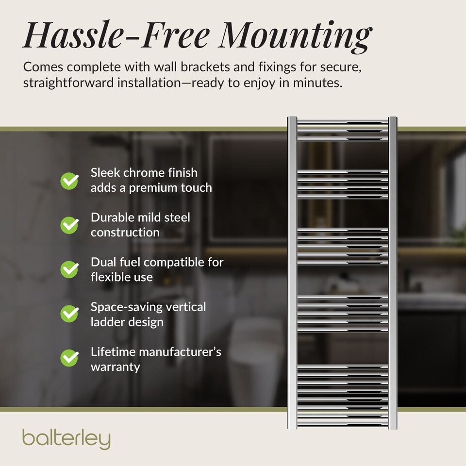 image 1 of Straight Heated Towel Rail Radiator, 459W, 500 x 1600mm, Chrome | Silver | Chrome