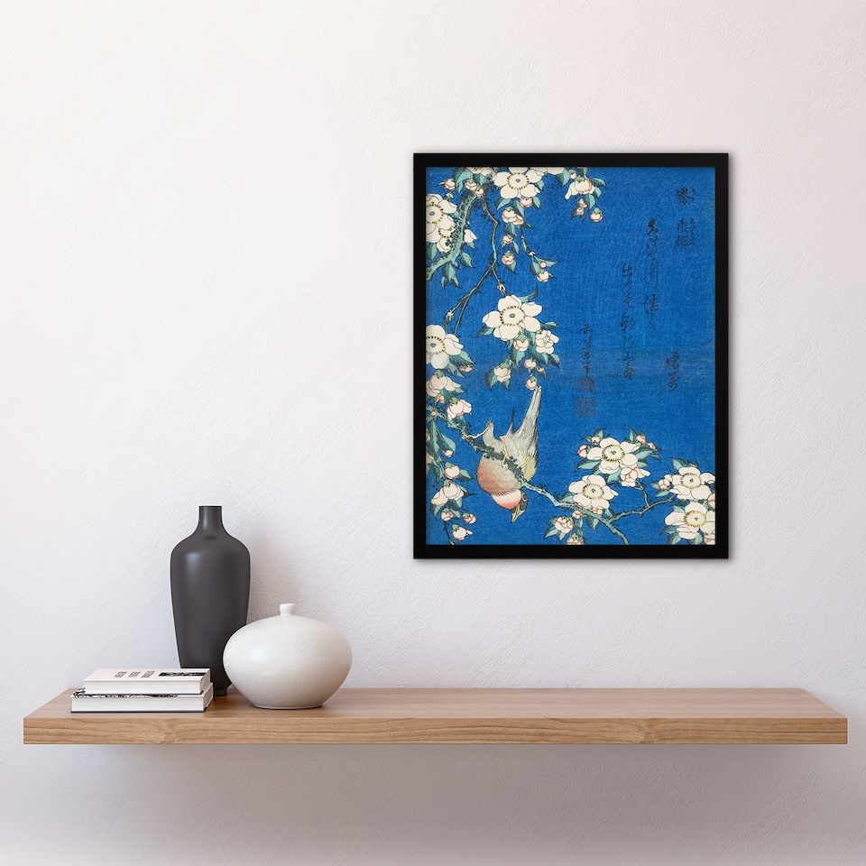 image 1 of Bullfinch Weeping Cherry Blossoms Japanese Framed Wall Art Print Hokusai 12x16"