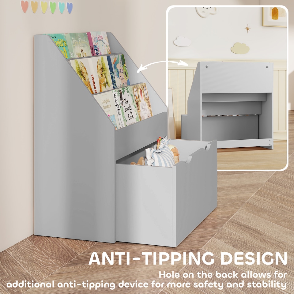 image 1 of AIYAPLAY Kids Bookcase w/ 3 Tier Shelves, Drawer, for Bedroom, Nursery, Grey