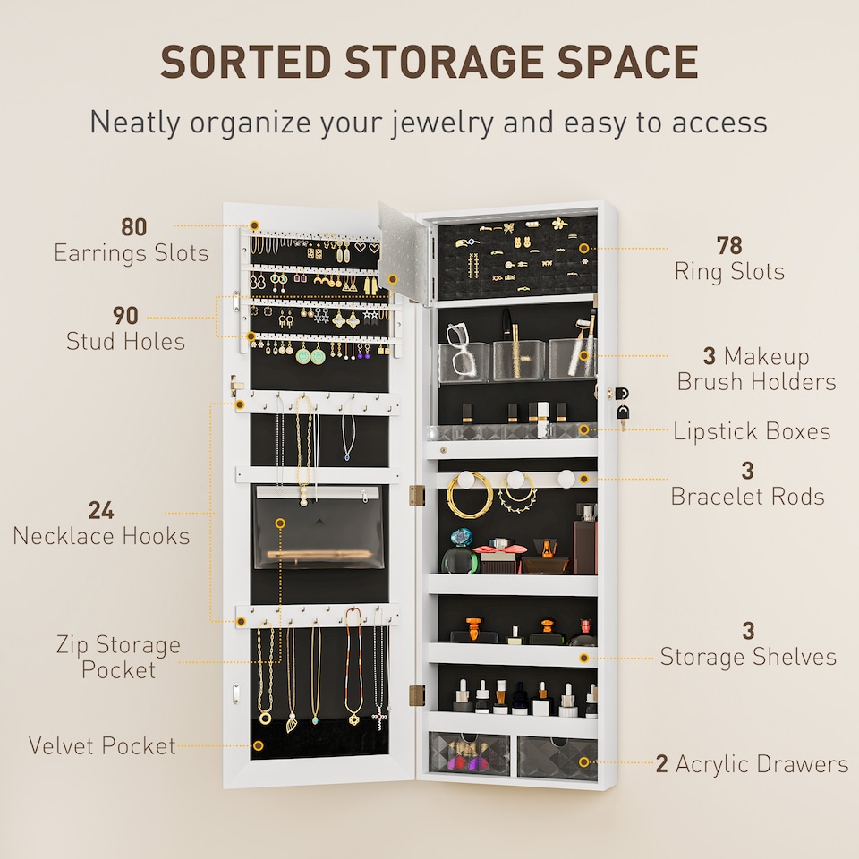 image 1 of HOMCOM Jewellery Cabinet with LED Lights, Door Hanging or Wall Mounted Full Length Mirror with Storage, Lockable Jewellery Organiser, White Surface and Black Lining | White | White Surface and Black Lining