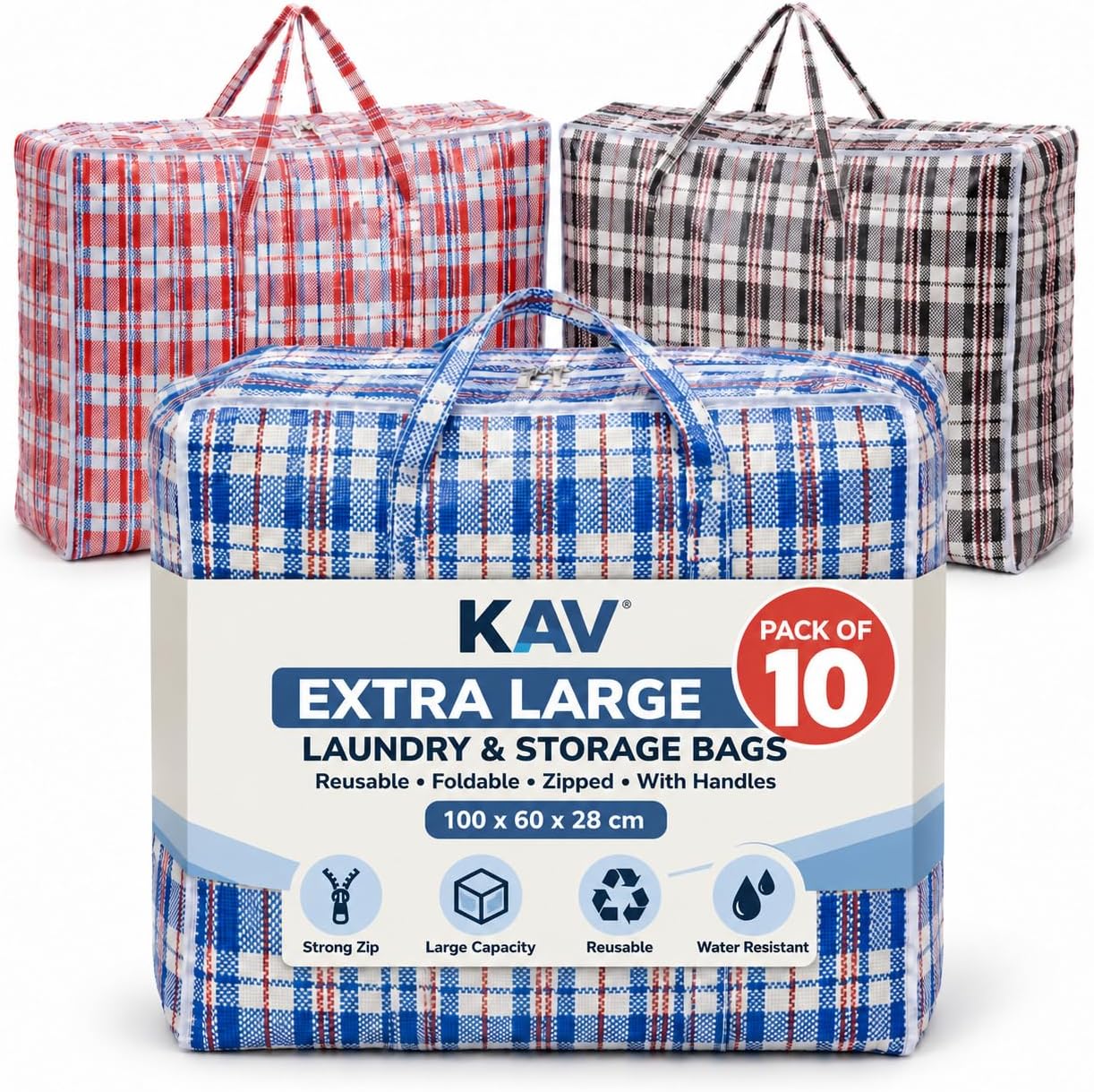 KAV Pack of 10 Reusable Laundry Bags with Zip Fasteners Size XL (100 x 60 x 28) CM, Multi coloured