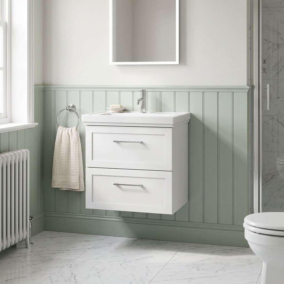 image 1 of Balterley Stonnall Traditional Wall Hung 2 Drawers Vanity Unit with Traditional 1 Tap Hole Fireclay Basin, 600mm, Matt White