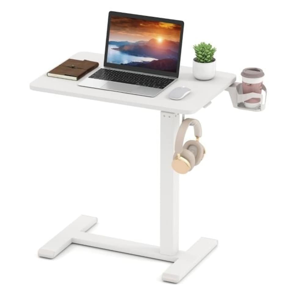 image 1 of COSTWAY Height Adjustable Computer Table with Cup Holder White White