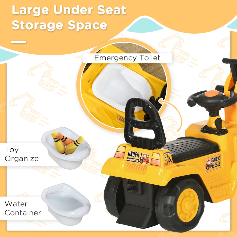 image 1 of HOMCOM Ride On Tractor, 2 in 1 Kids Ride On Digger Pull Cart with Bucket, Under Seat Storage, Horn, High Backrest, Ride On Toy for 1.5-4 Years, Yellow