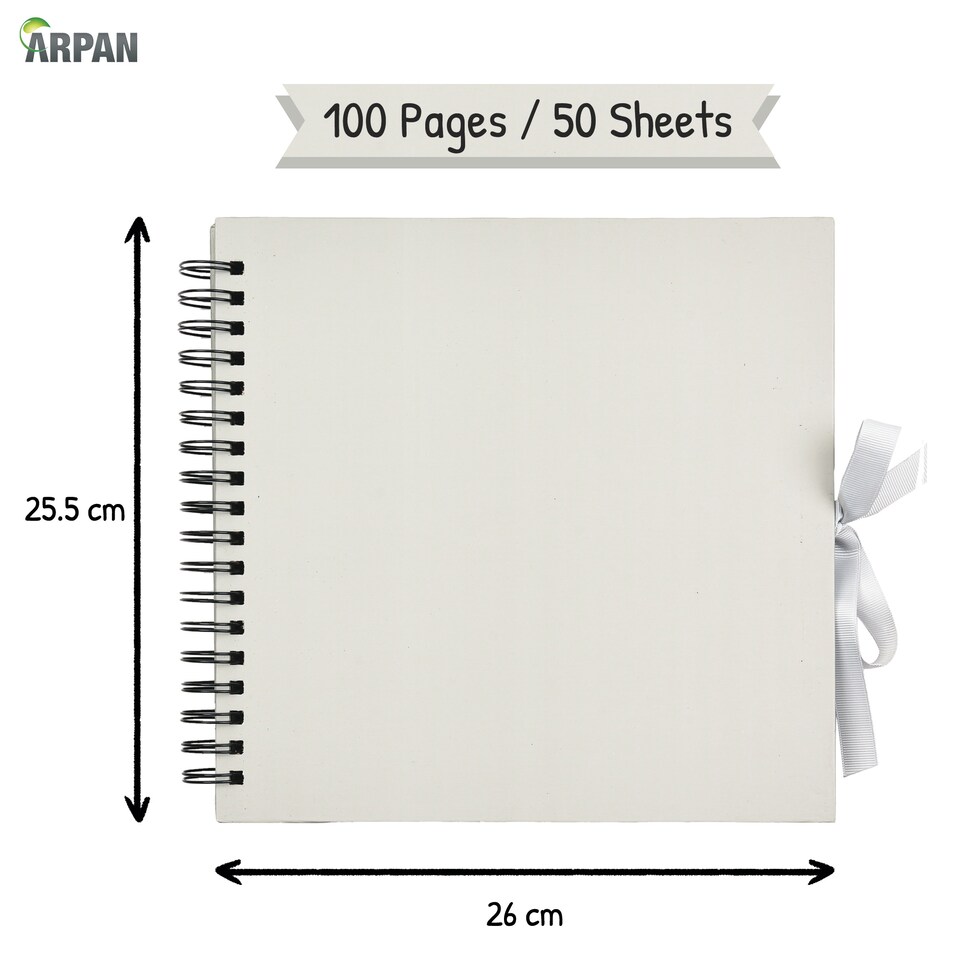 image 1 of ARPAN Spiral Bound Scrapbook Album – 50 Sheets / 100 Pages, 200 GSM Thick Paper – DIY Photo Album Memory Book with Ribbon Closure (26 x 25.5 cm) for Wedding, Baby, Travel, Artwork & Scrapbooking