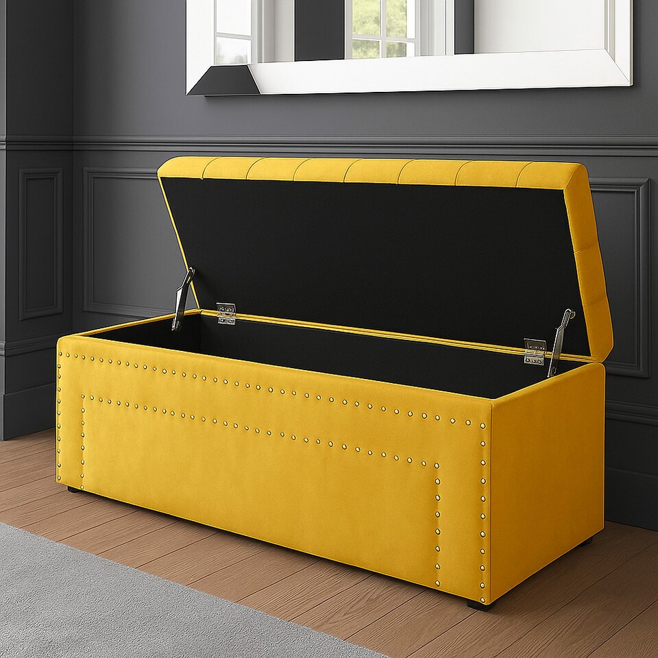 image 1 of 90cm Duke Ottoman Storage Box -Upholstered Blanket Box - Mustard Gold Plush Velvet Multifunctional Storage Box