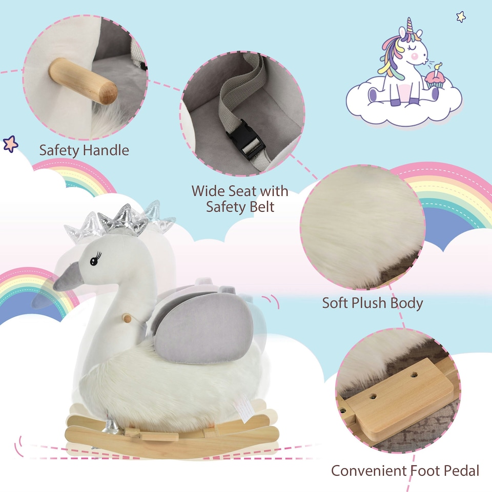 image 1 of HOMCOM Cute Kids Ride-On Rocking Swan w/ Sound Handlebars Seat Belt Plush Body