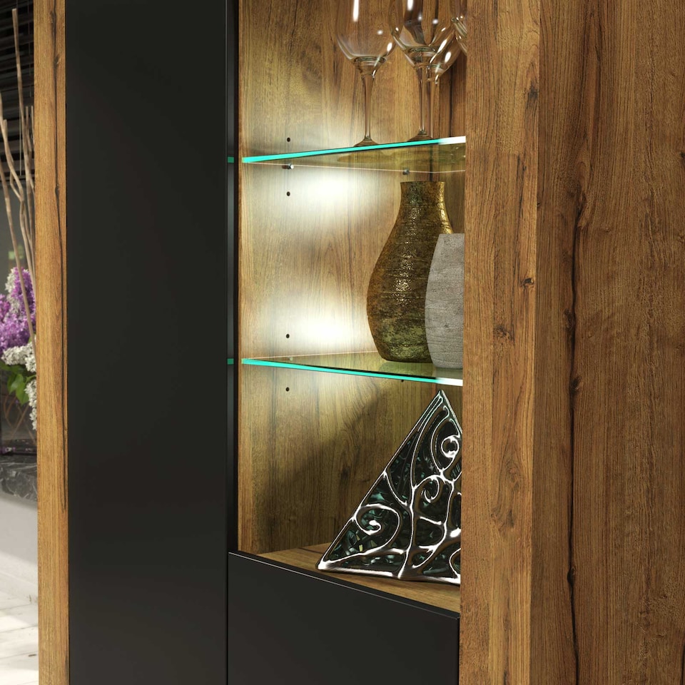 image 1 of Display Cabinet Sideboard Storage Unit Oak Matt Body Black Matt Doors Glass Shelves Modern Cupboard 140cm