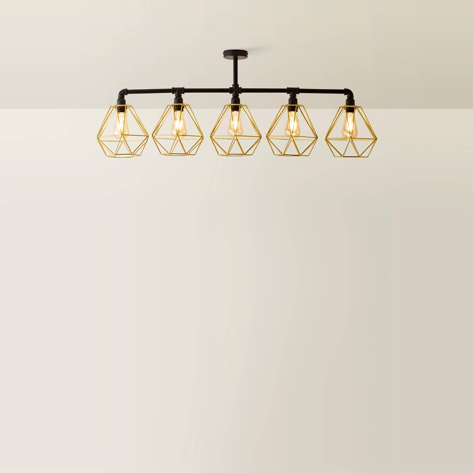 image 1 of ValueLights Luiggi 5 Way Black Ceiling Bar Diablo Gold Wire Shades and Bulbs