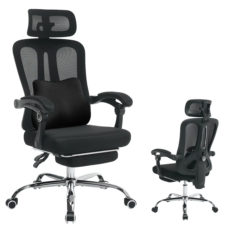 image 1 of Mesh Office Desk Chair with Adjustable Headrest Lumbar Support & Retractable Footrest - Beige, Cushion Included