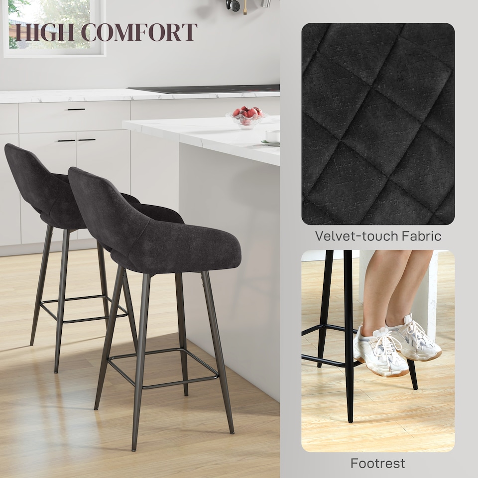 image 1 of HOMCOM Bar Stools Set of 2, Velvet-Touch Fabric Counter Height Bar Chairs, Kitchen Stools with Steel Legs for Dining Area, Kitchen Island Barstools, Dark Grey