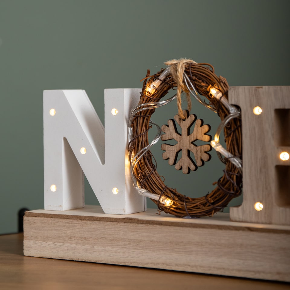image 1 of 12cm Battery Operated Light up Wooden Noel Christmas Decoration with Snowflake & 18 Warm White LEDs