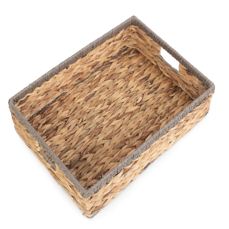 image 1 of Shallow Rectangular Water Hyacinth with Grey Rope Border Storage Basket Brown | Brown | L
