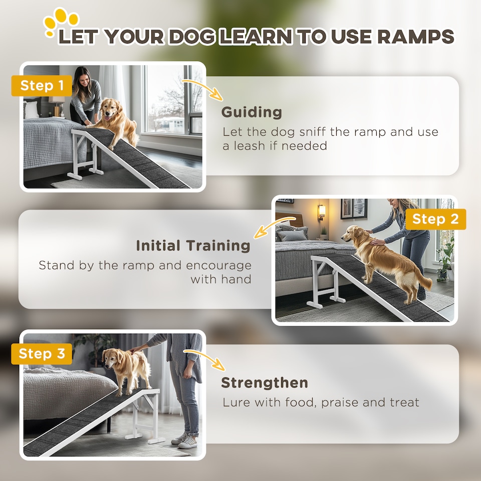 image 1 of PawHut Dog Ramp for Bed, Pet Ramp for Dogs with Non-Slip Carpet and Top Platform, White & Grey