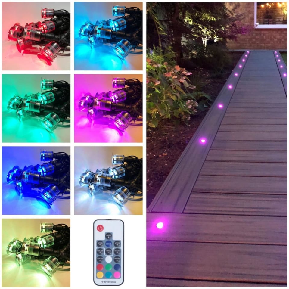 image 1 of Set of 10 - 15mm IP67 Colour Changing LED Decking Kit with Photocell | Chrome | Clear | 10