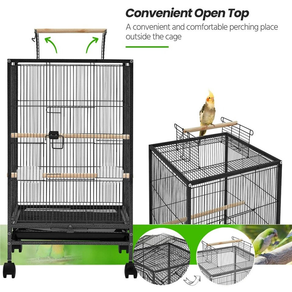 image 1 of Yaheetech 79 cm Tall Open Top Wrought Iron Bird Cage with Rolling Stand Black