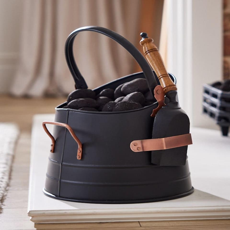 image 1 of Black Copper Detailed Coal Bucket with Scoop Copper