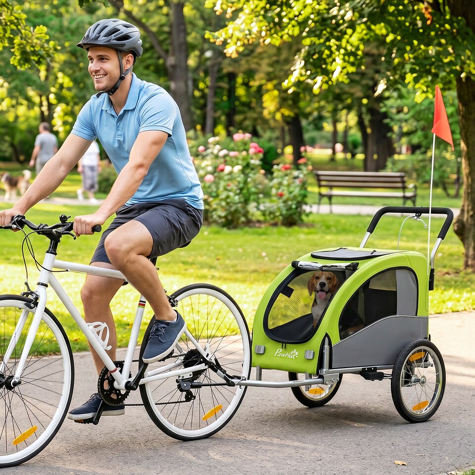 image 1 of PawHut 2 in 1 Pet Stroller Dog Bike Trailer for Medium Dogs, Green