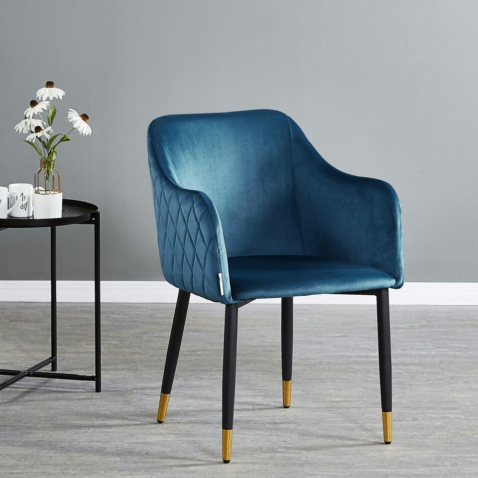 image 1 of Set of 4 Verona Velvet Dining Chairs with Quilted Back & Black Legs - Modern Accent Chair with Silver Foot Tips | Blue