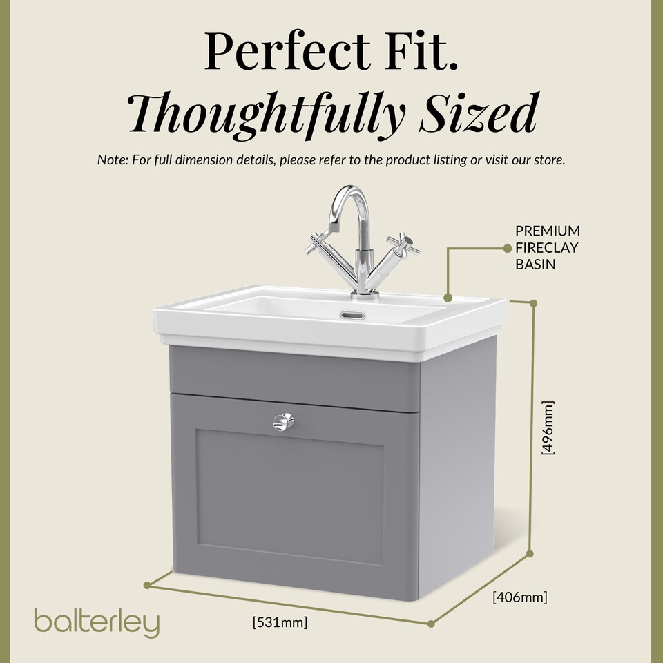 image 1 of Balterley Classic Traditional Bathroom Wall Hung 1-Drawer Vanity Unit & Fireclay Basin | Grey | Satin Grey